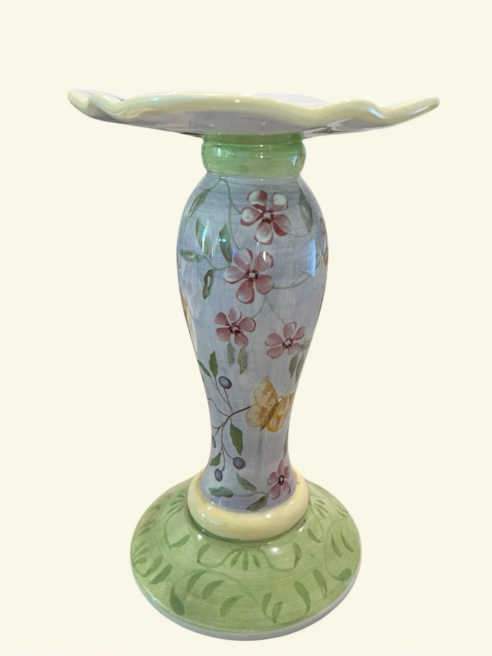 Hand-Painted Ceramic Floral and Butterfly Pillar Candle Stand
